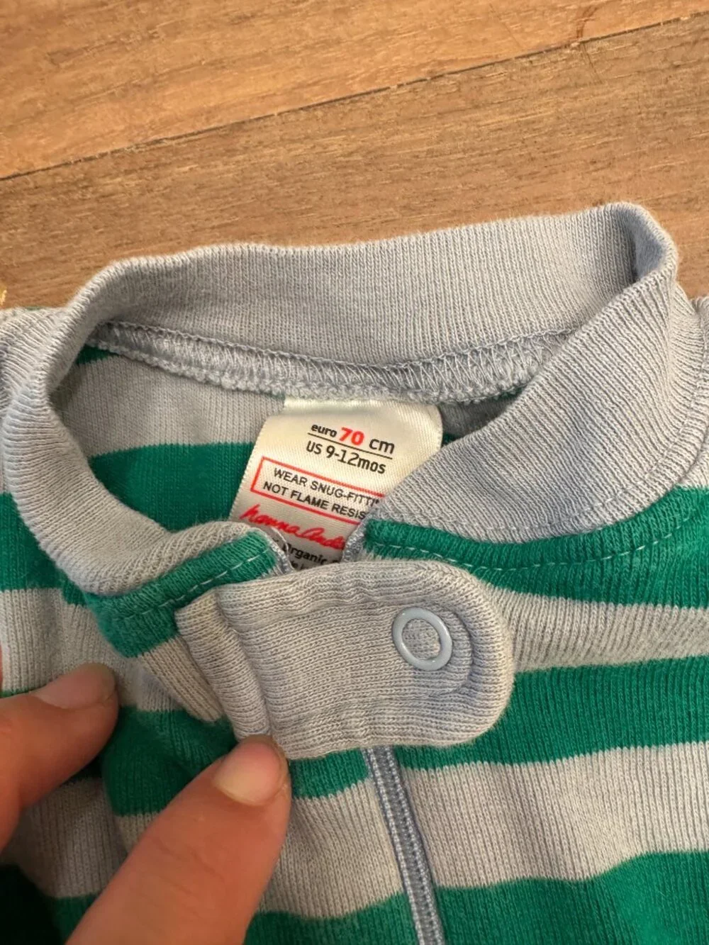 Hanna Andersson Green Gray Striped Zip Romper Sleeper 9-12M